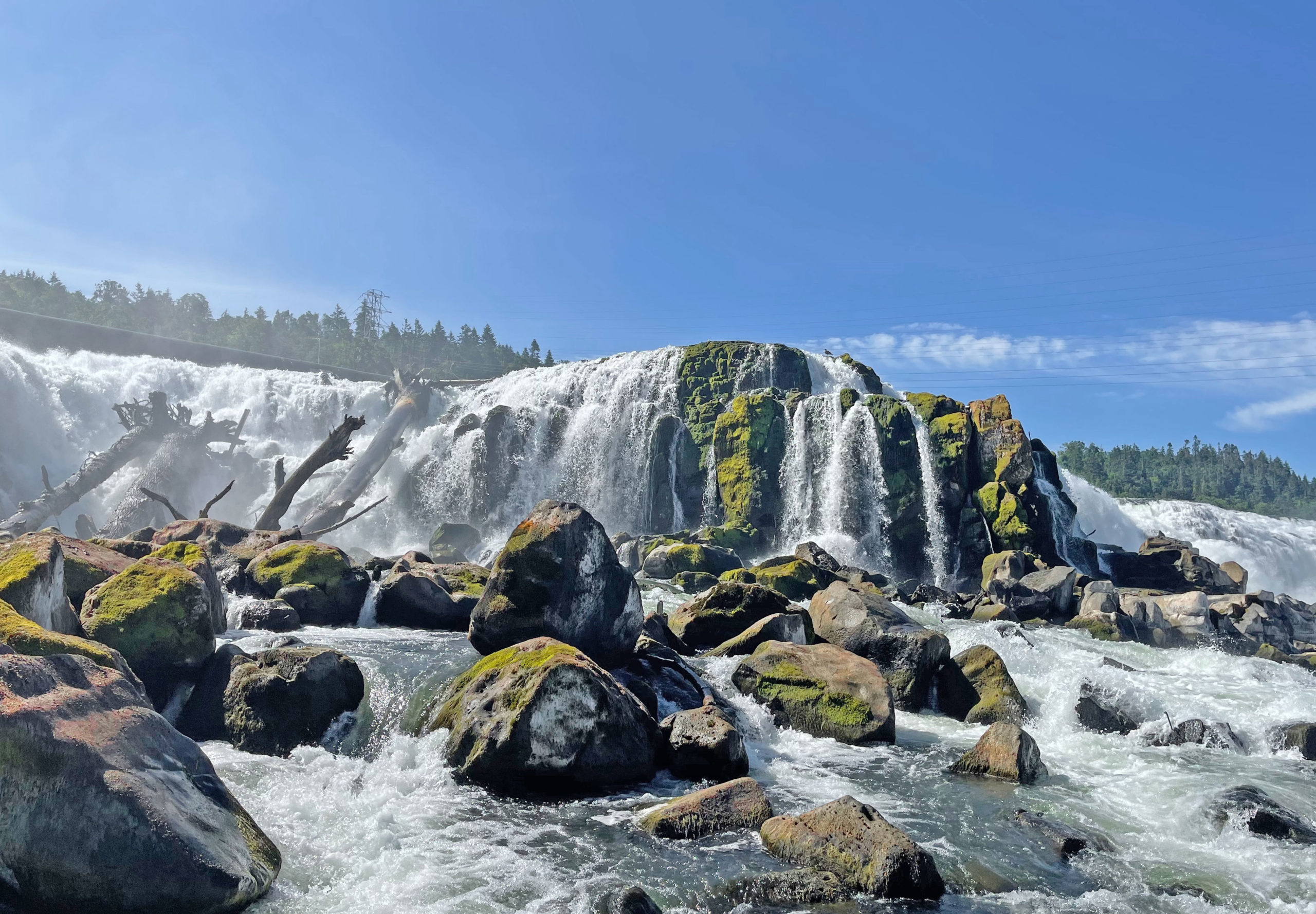 Close up of Willamette Falls with moss on the boulders and a blue sky.