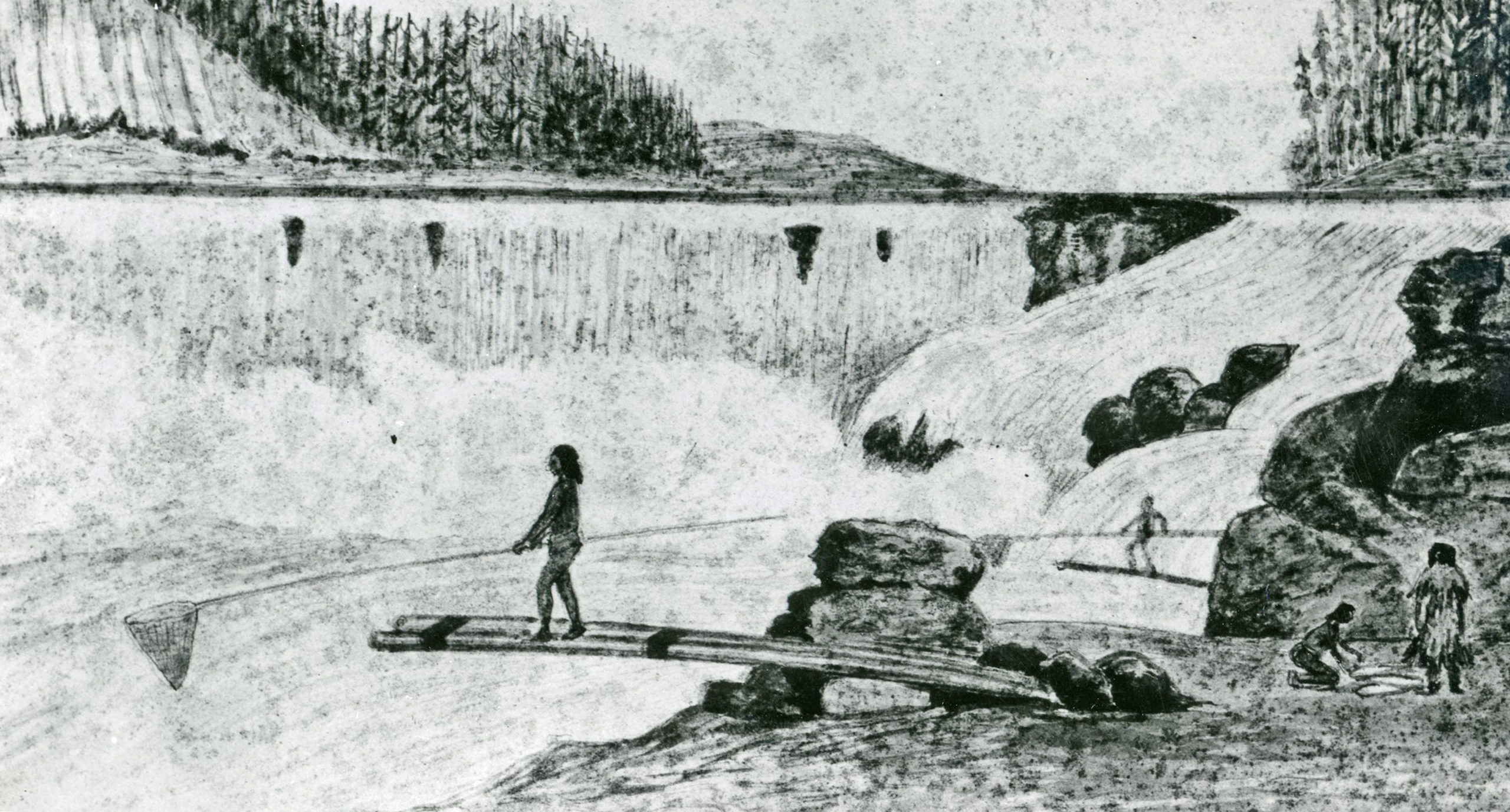 Historical drawing of net fishermen on fishing platforms at Willamette Falls.