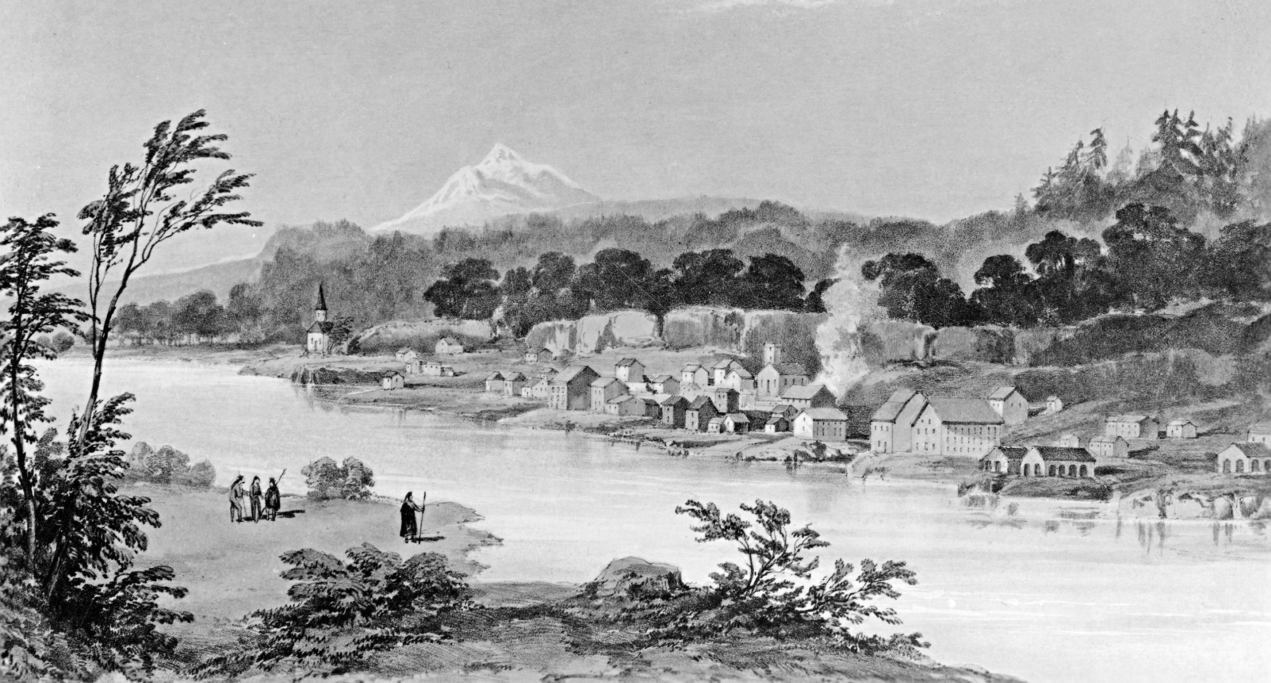 Historical drawing of the township of Oregon City on the Willamette River.