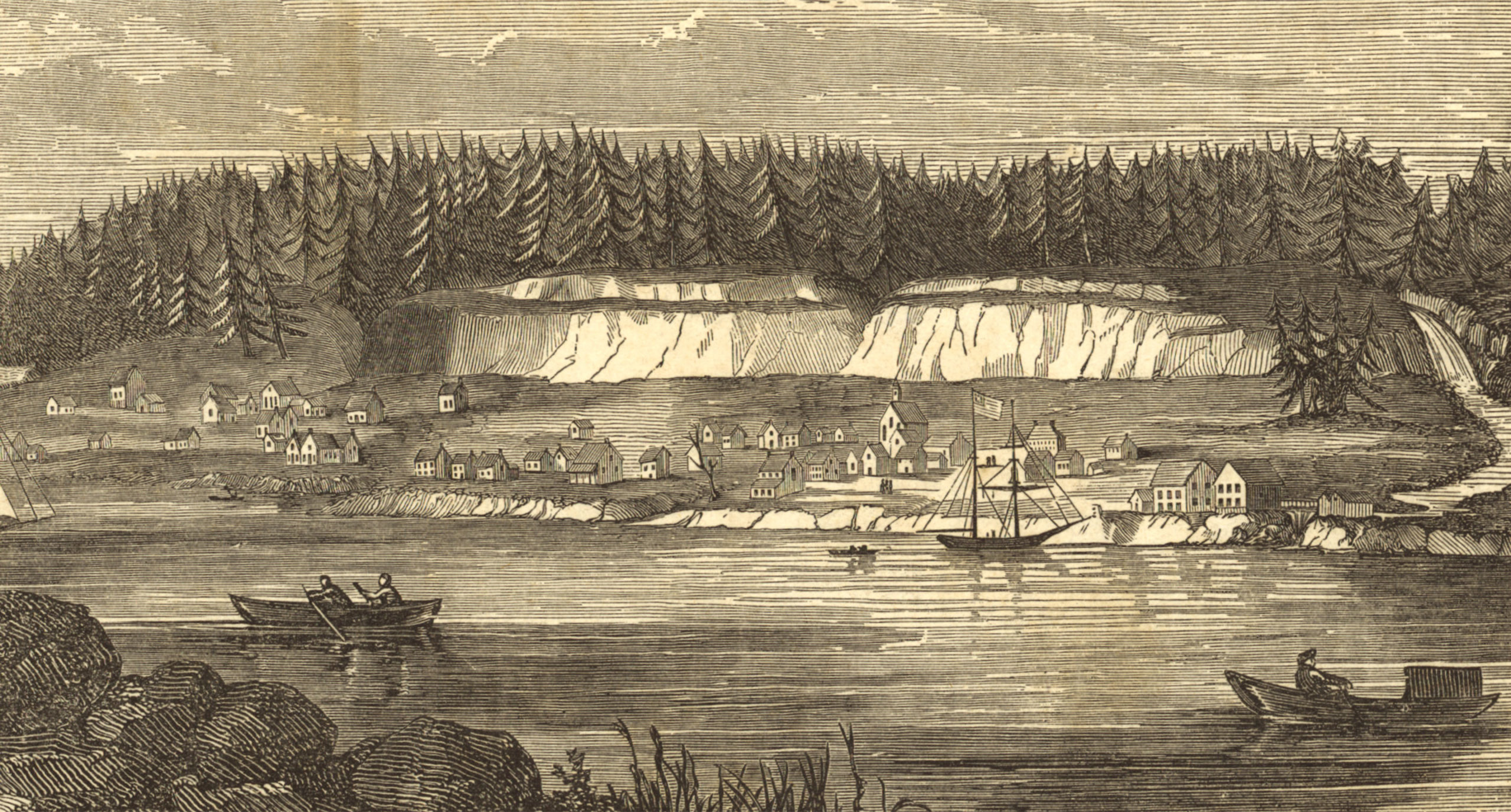 Historical etching of an Oregon township on a river.