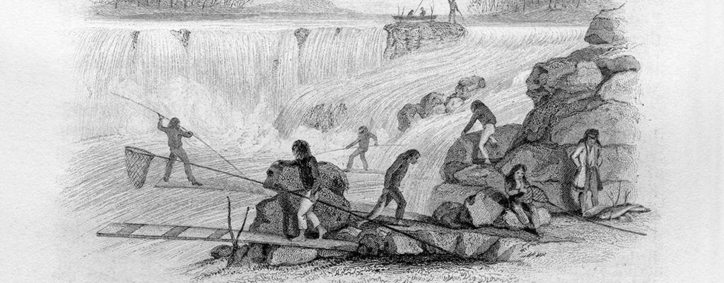Historical sketch of net fishers on platforms at Willamette Falls.