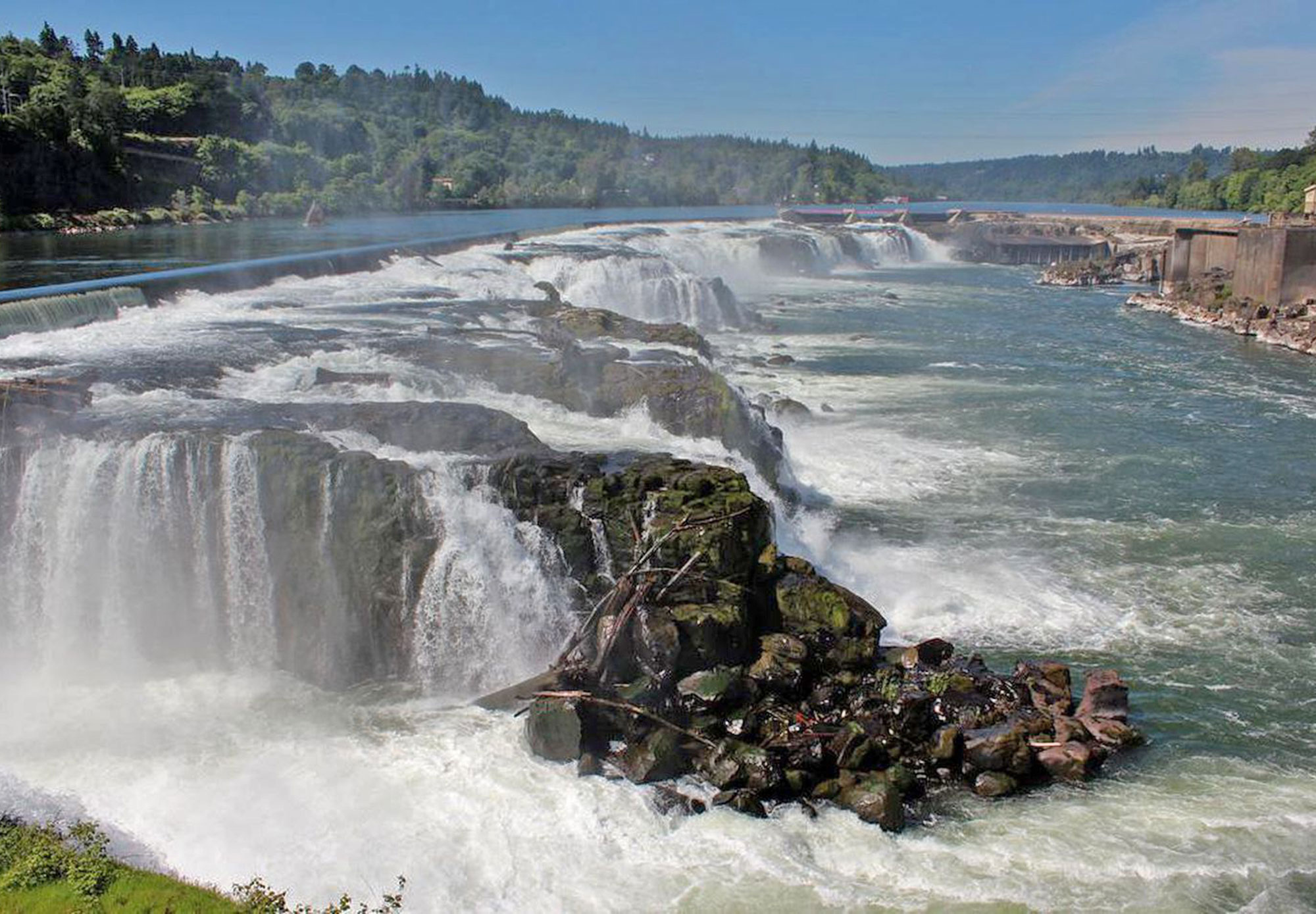 Closeup aerial view of Willamette Falls.