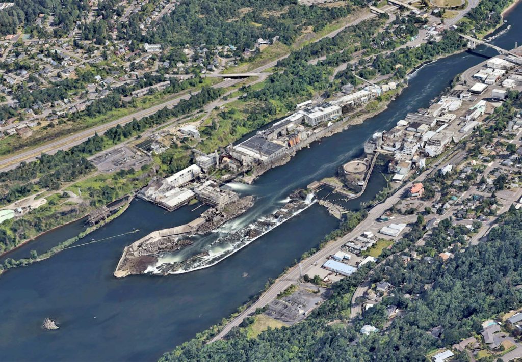 Aerial view of Oregon City, Willamette Falls and the Willamette River.